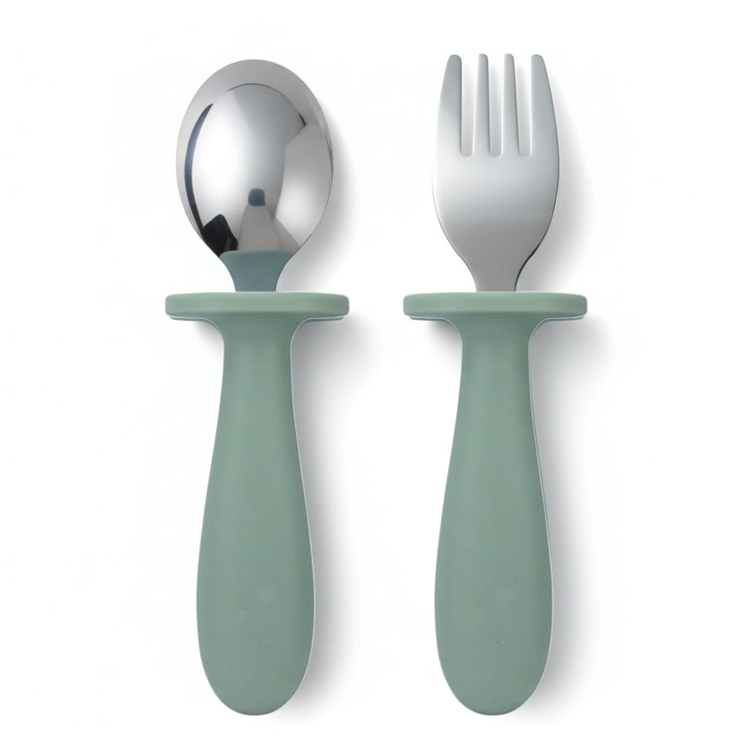 Toddler Stainless Steel Spoon & Fork Set- Green olive