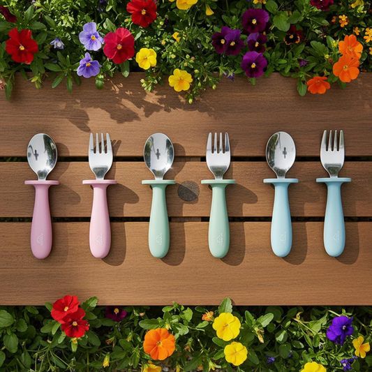 Toddler Stainless Steel Spoon & Fork Set- pink Dark