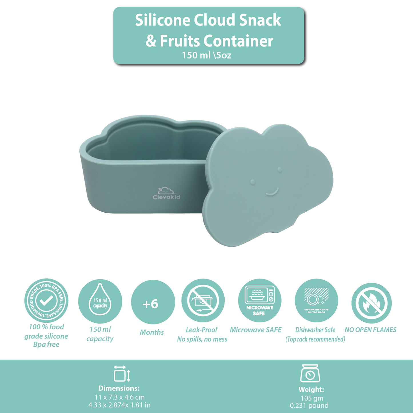 Silicone Snack & Fruits Container Blue Teal 150ML\5 OZ