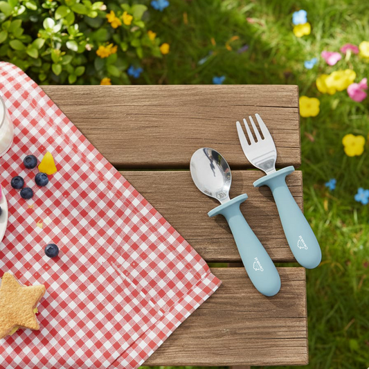 Toddler Stainless Steel Spoon & Fork Set- Blue Light