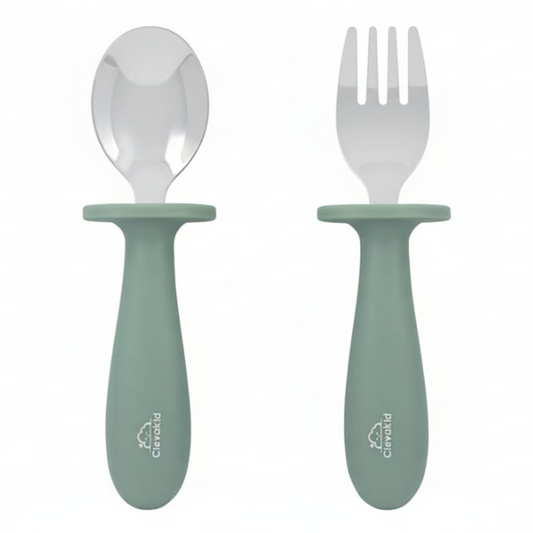 Toddler Stainless Steel Spoon & Fork Set- Green olive