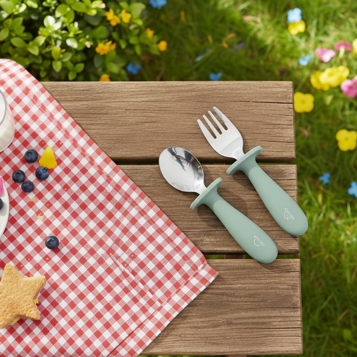 Toddler Stainless Steel Spoon & Fork Set- Green olive