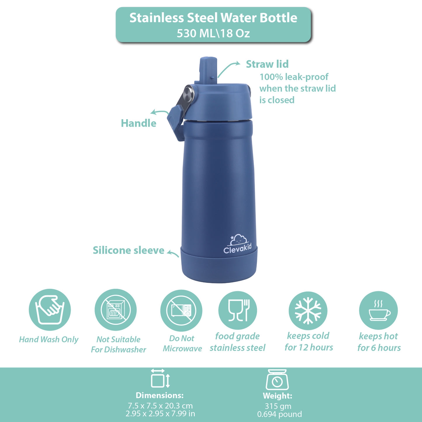 Stainless Steel Water Bottle Blue Turquoise- 530ML\18 OZ