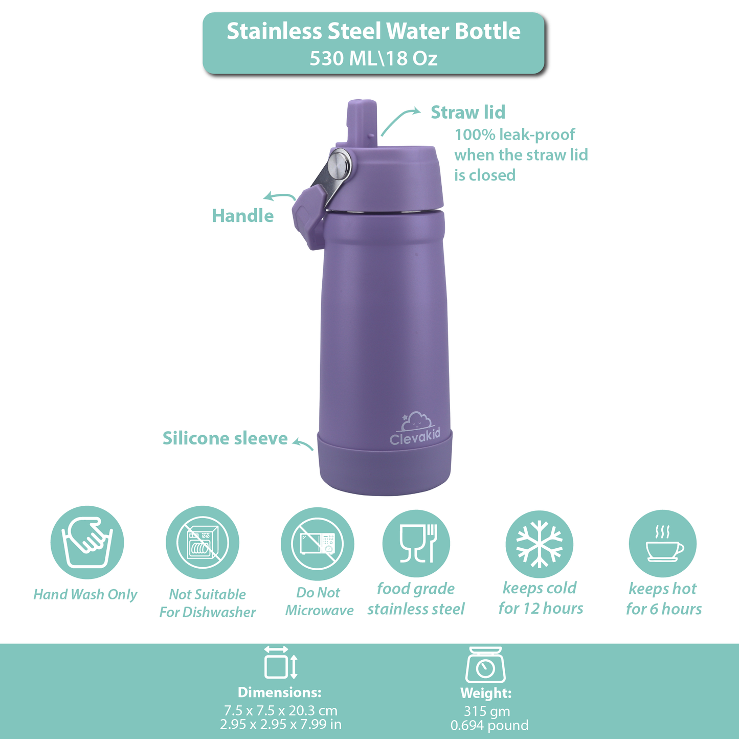 Stainless Steel Water Bottle Purple Light- 530ML\18 OZ