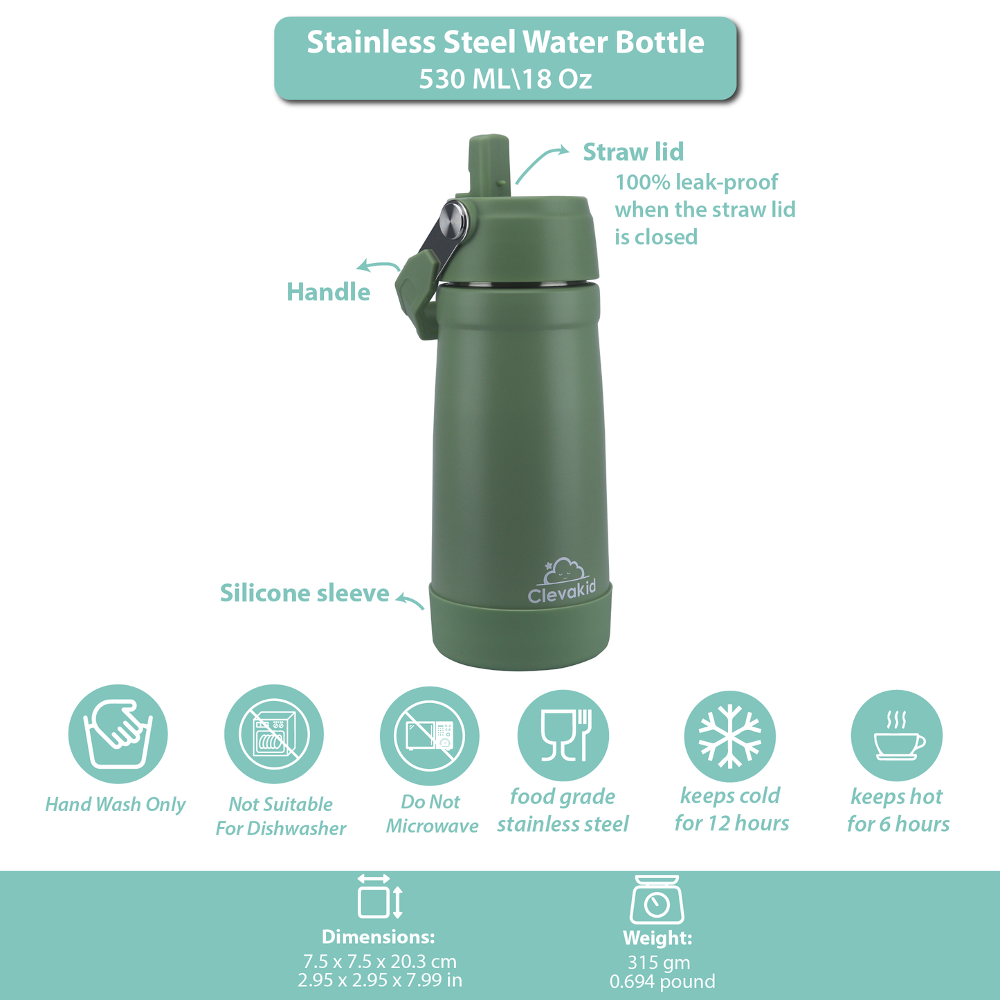 Stainless Steel Water Bottle Green Leaves- 530ML\18 OZ