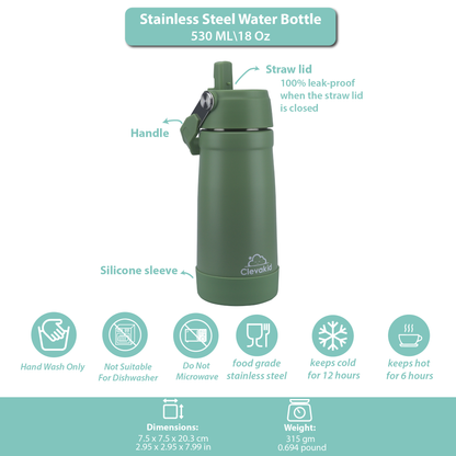 Stainless Steel Water Bottle Green Leaves- 530ML\18 OZ