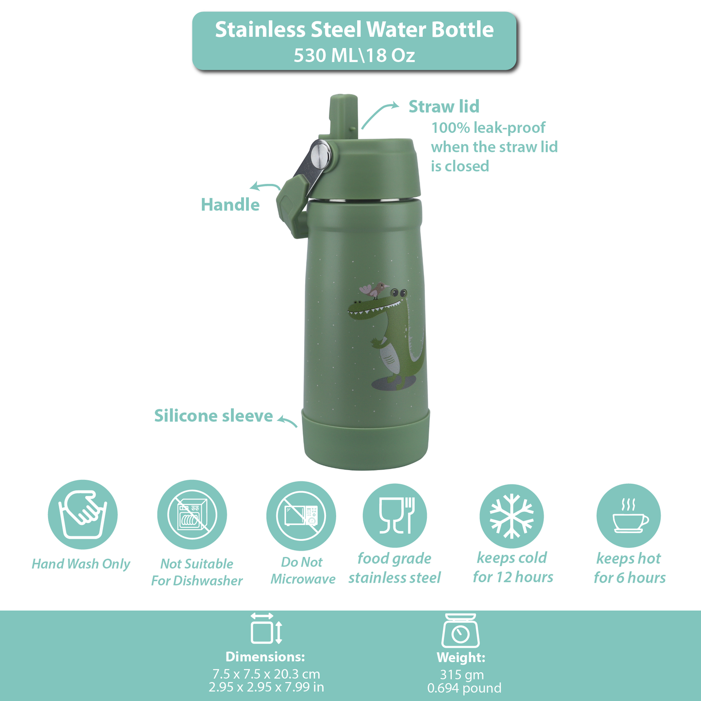 Stainless Steel Water Bottle Green Leaves- 530ML\18 OZ - ClevaGator Friend