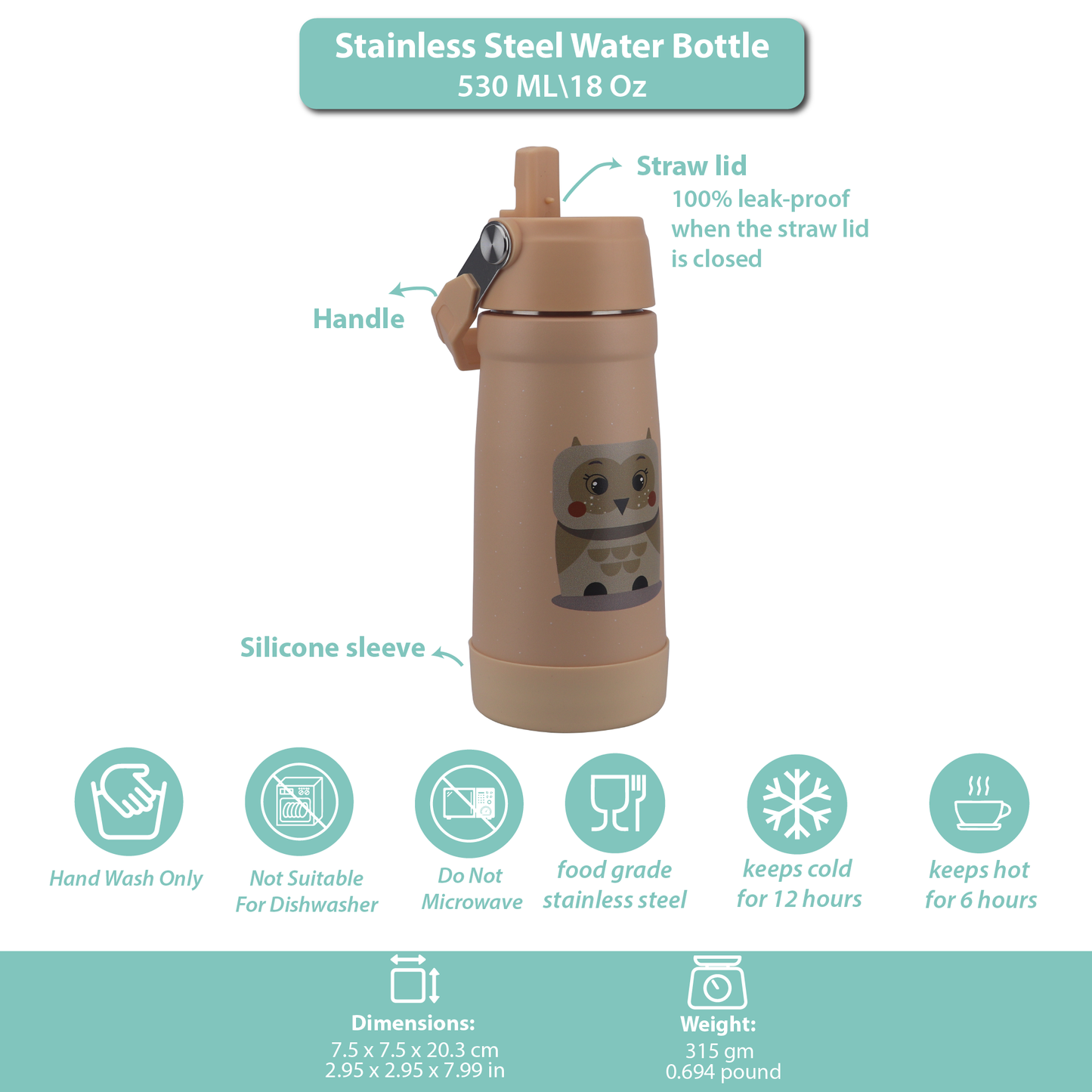 Stainless Steel Water Bottle Orange Light Peach- 530ML\18 OZ - ClevaOwlee Friend