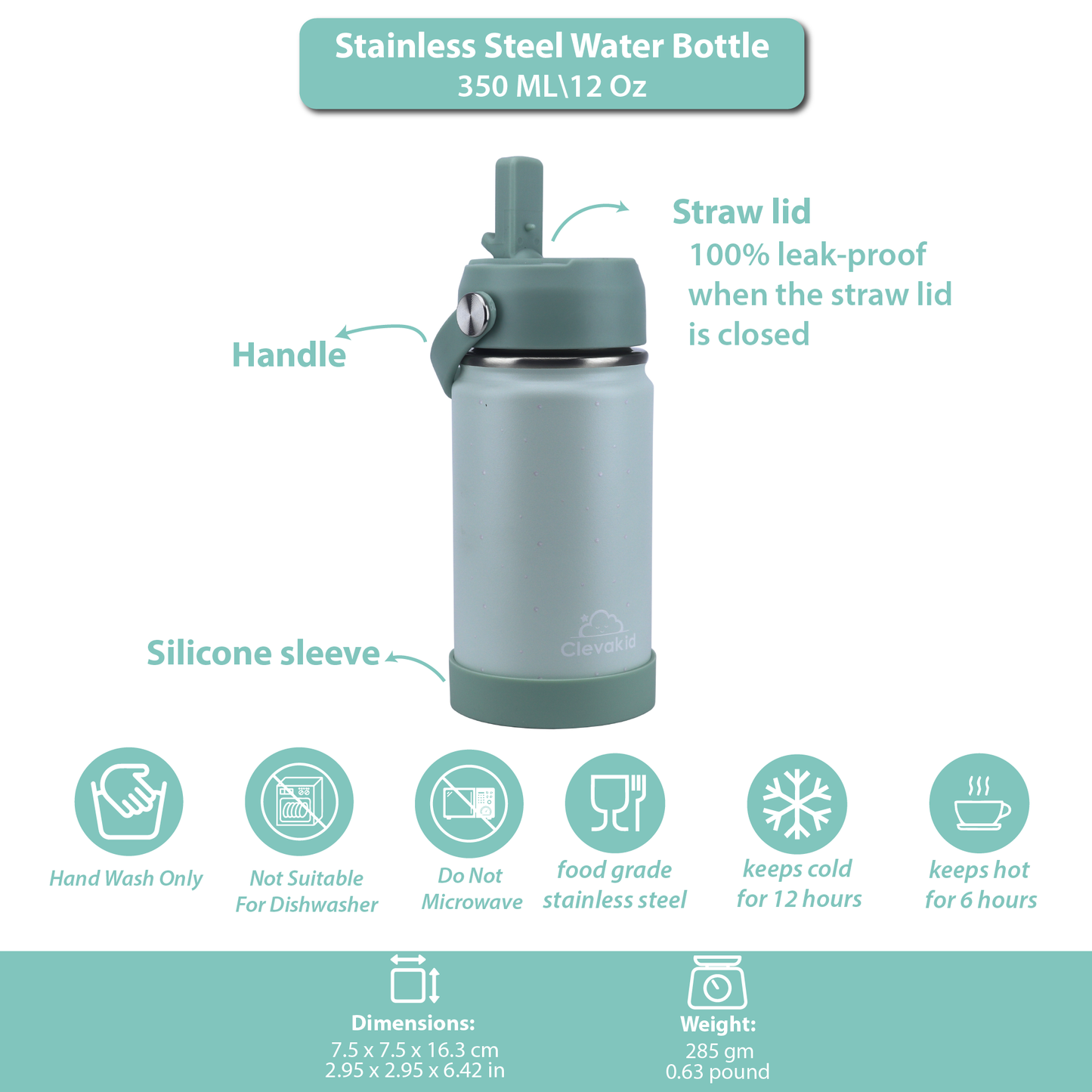 Stainless Steel Water Bottle Green Light Mint- 350 ML\12 OZ - ClevaInk Friend