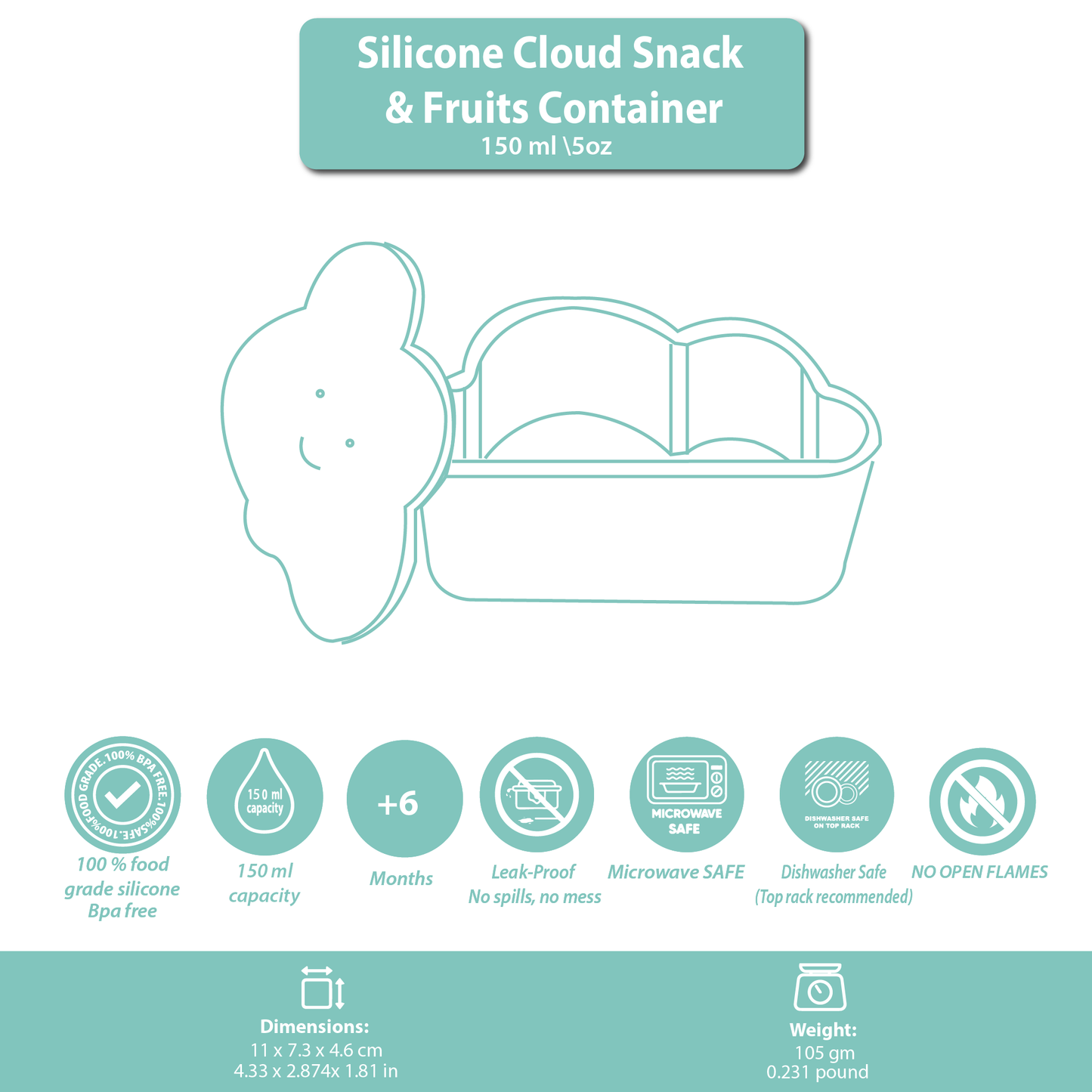 Silicone Snack & Fruits Container Blue Teal 150ML\5 OZ