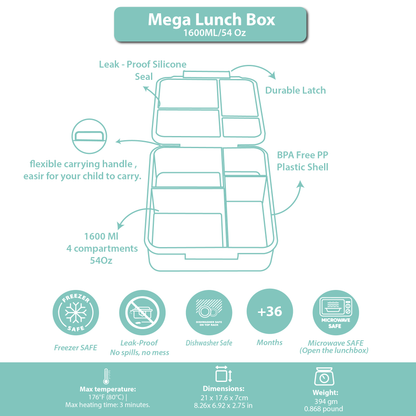 Mega Lunch Box Green Leaves 1600ML\54 OZ- ClevaGator Friend