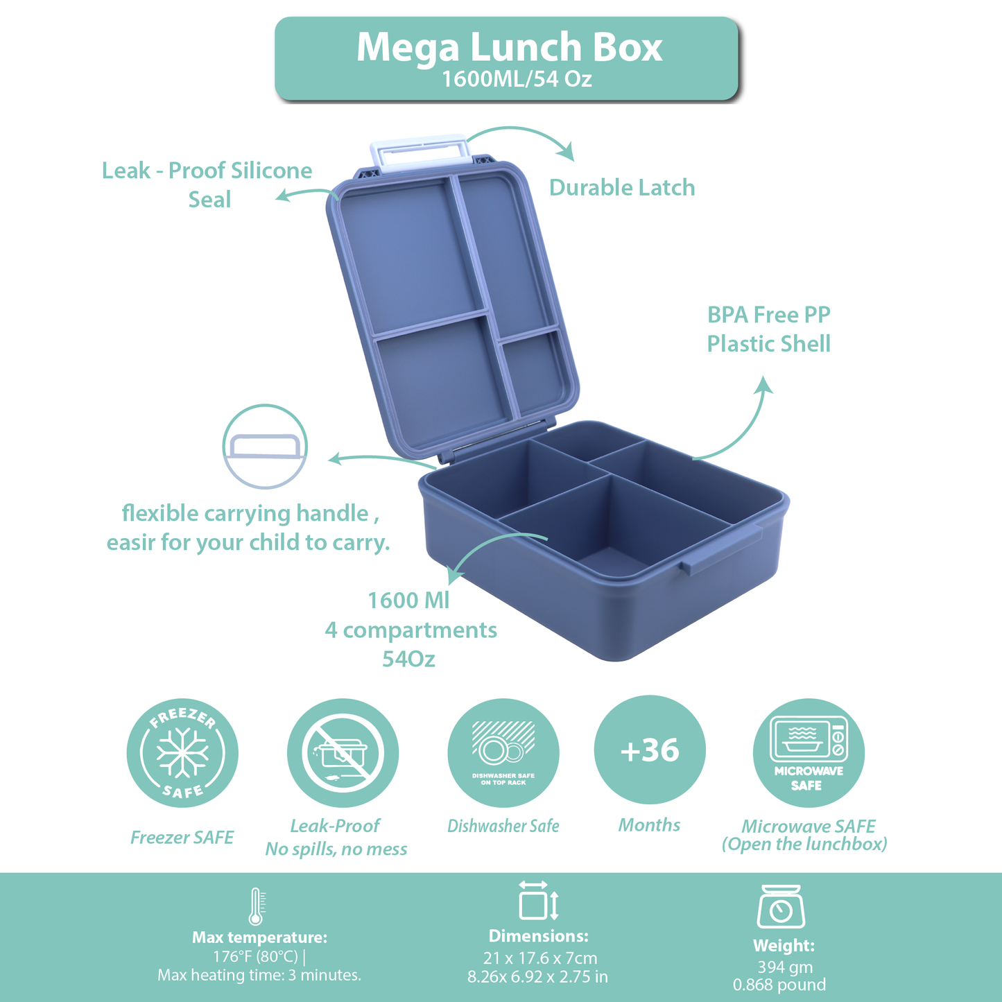 Mega Lunch Box Blue Turquoise 1600ML\54 OZ
