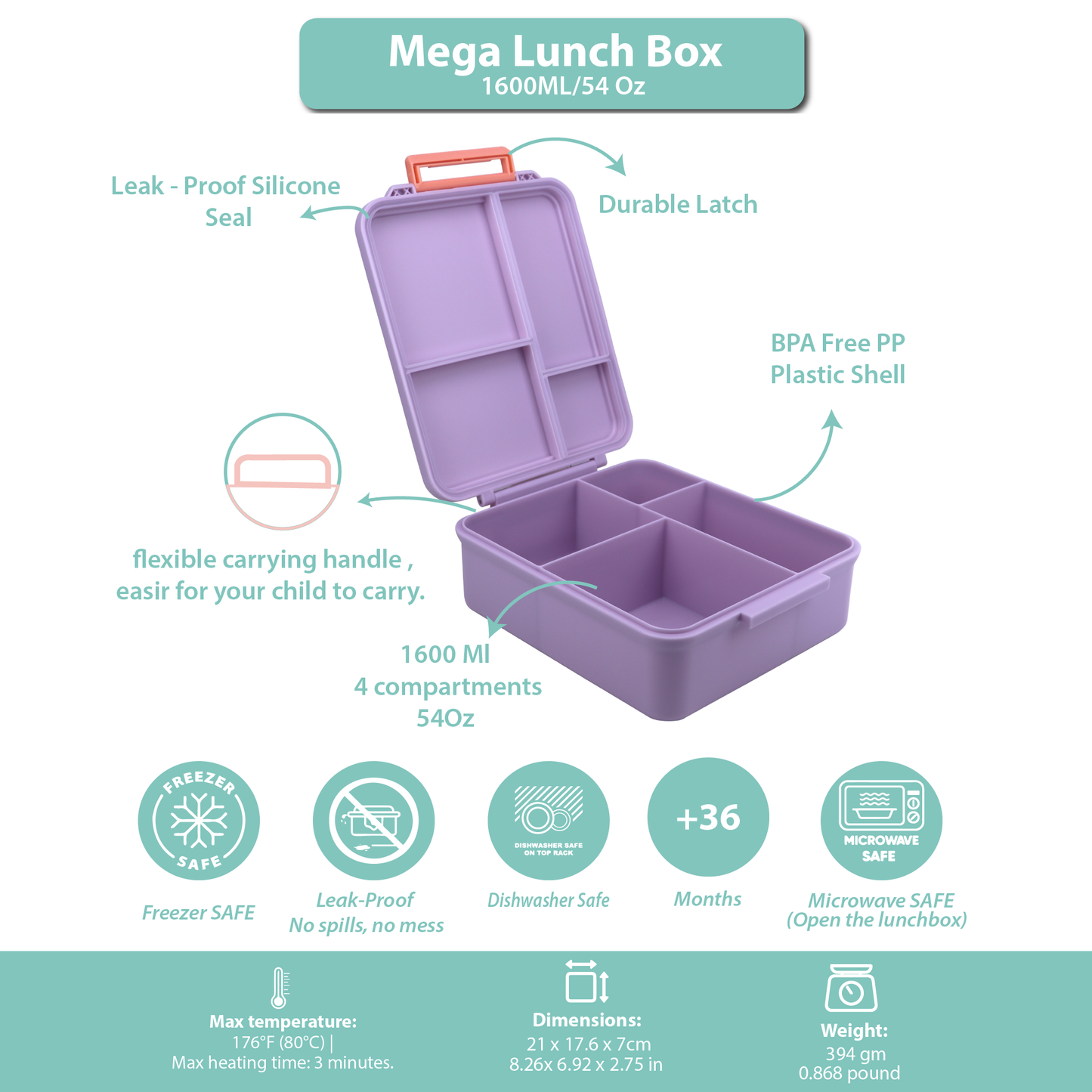 Mega Lunch Box Purple Light 1600ML\54 OZ