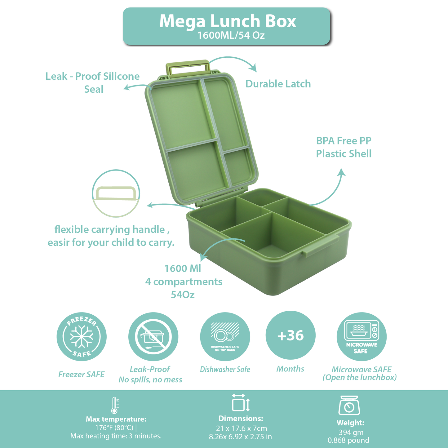 Mega Lunch Box Green Leaves 1600ML\54 OZ- ClevaGator Friend