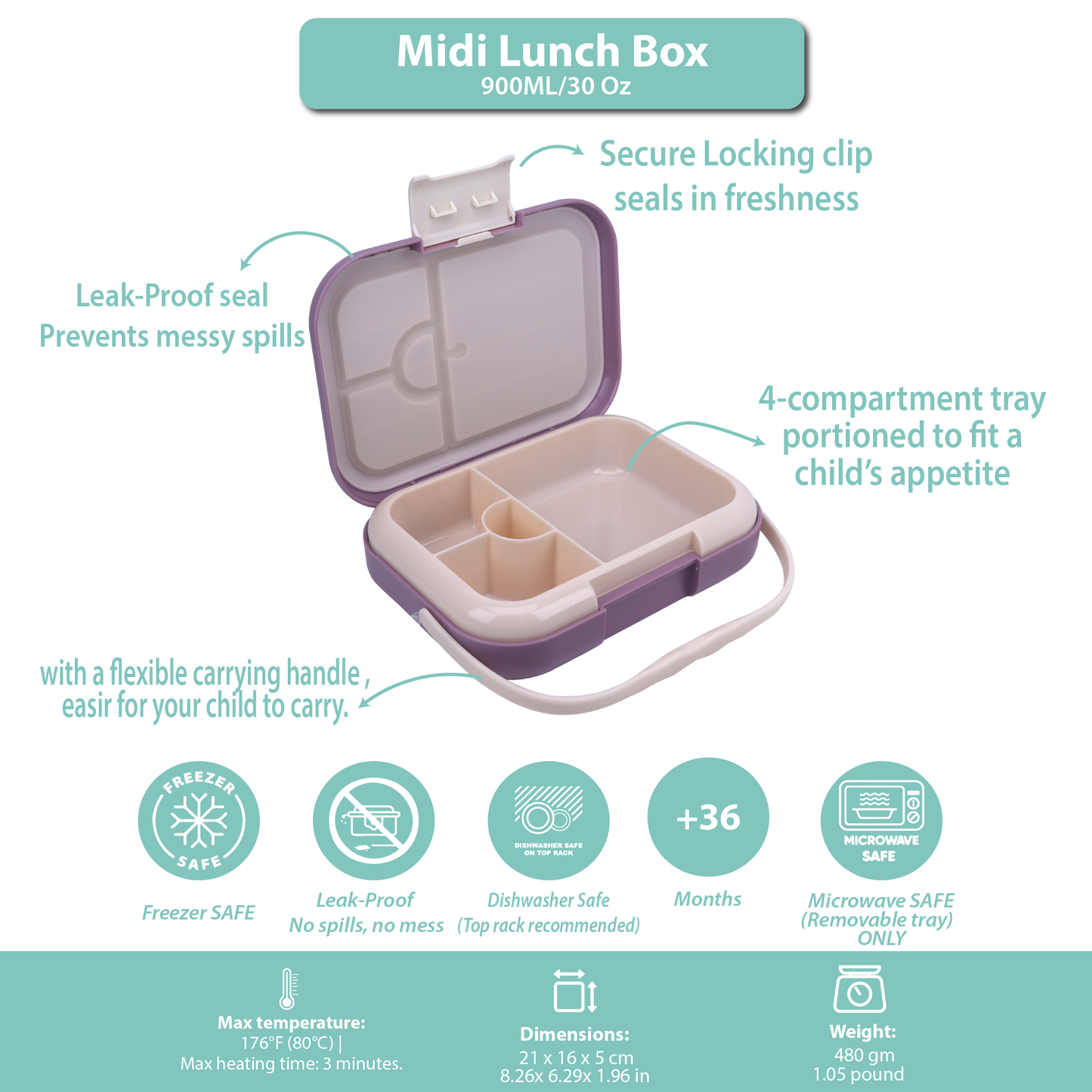 Midi  Lunch Box Purple Dark Powder 900ML \30 OZ