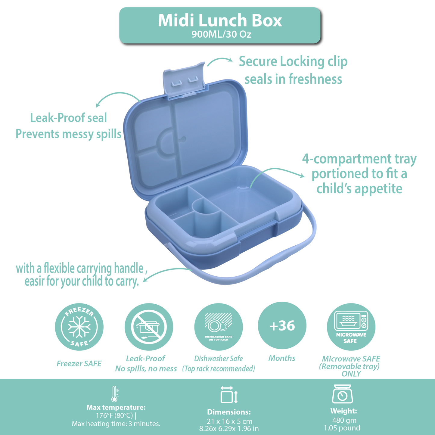 Midi  Lunch Box Blue Dark Ice 900ML \30 OZ - ClevaFin Friend