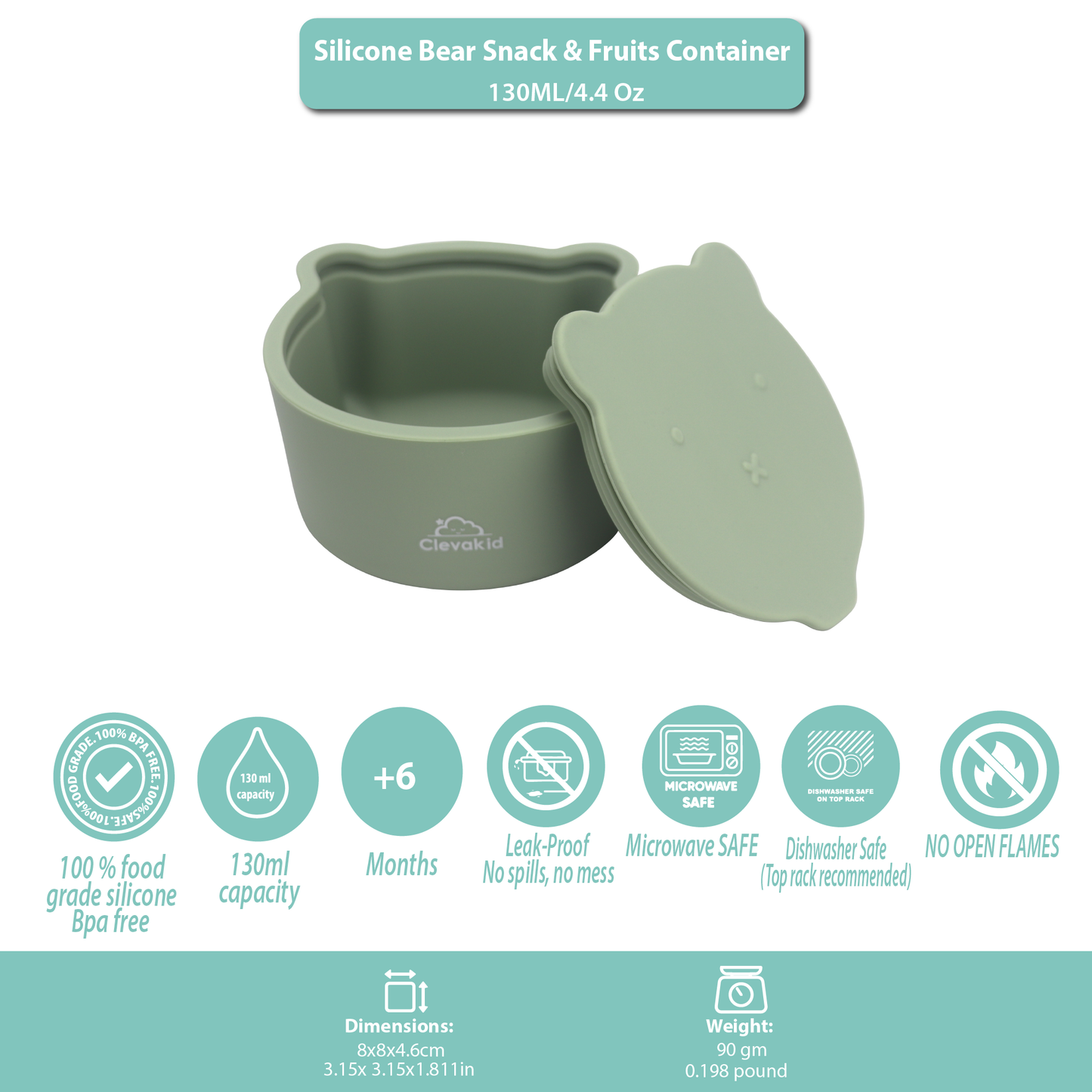 Silicone Snack & Fruits Container Green Olive 130ML\4.4 OZ